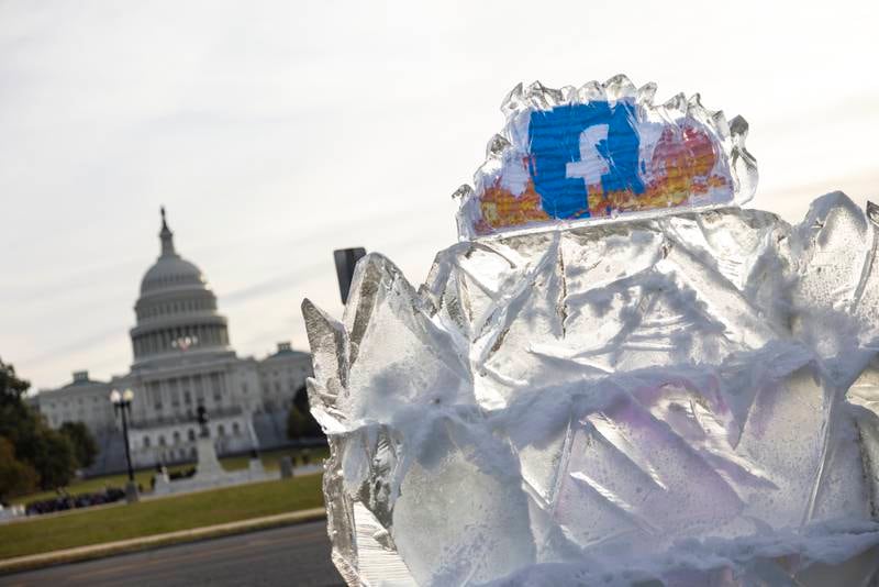 A 2,268 kilogram lump of ice from the activist group Sumofus.org in Washington, DC, to protest against what they called 'Facebook's role in promoting climate misinformation'. EPA