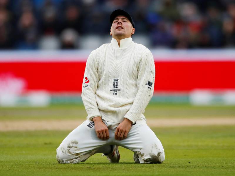 England's Rory Burns reacts after a dropped catch. Reuters