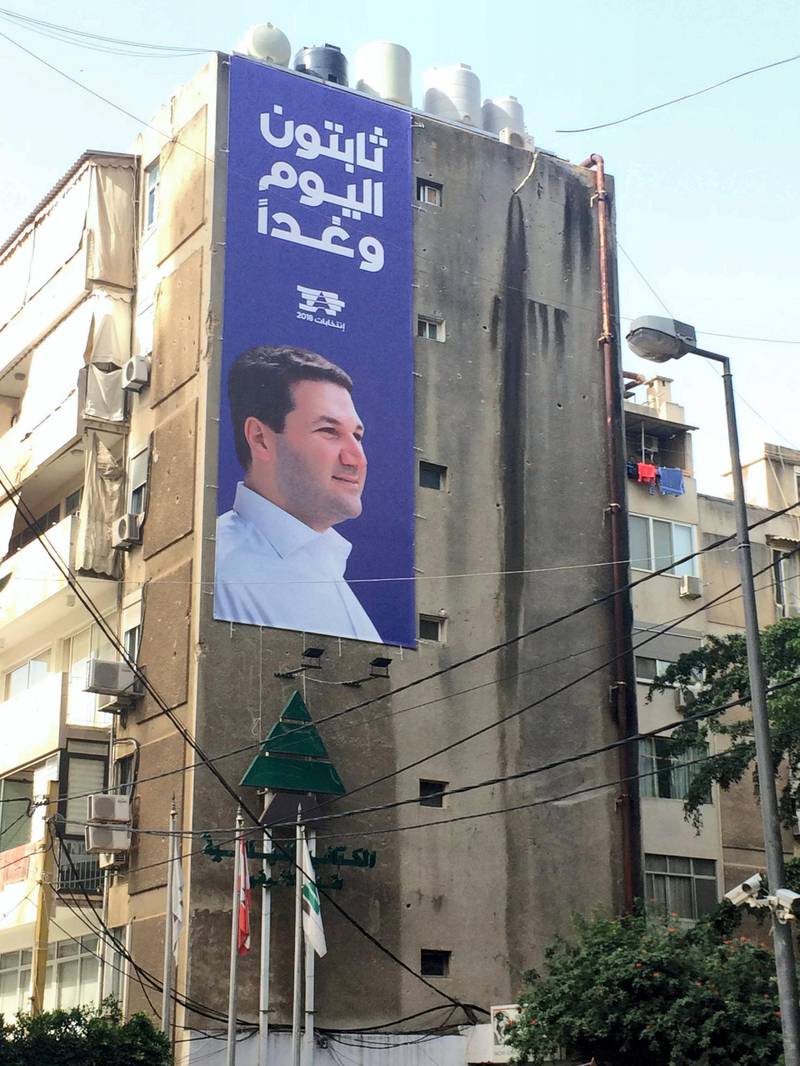 A poster of parliamentary candidate Nadim Gemayel at his campaign headquarters in the Achrafieh neighbourhood of Beirut. Arthur MacMillan / The National