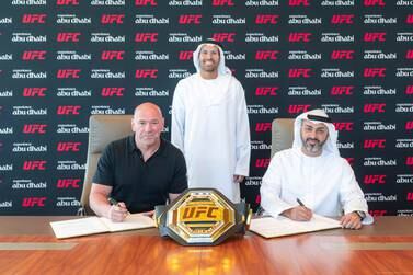 UFC president Dana White with Department of Culture and Tourism - Abu Dhabi chairman Mohamed Khalifa Al Mubarak, centre, and Saood Abdulaziz Al Hosani, undersecretary of DCT. Photo: DCT