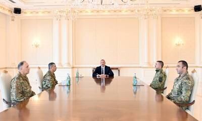 Azerbaijan's President Ilham Aliyev chairs a meeting with the leadership of the country's armed forces. Reuters