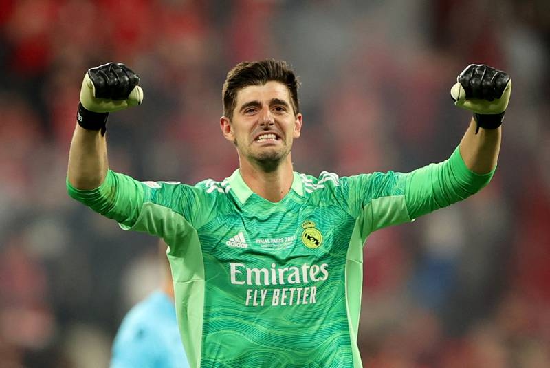 Real Madrid goalkeeper Thibaut Courtois celebrates winning the Champions League. Reuters