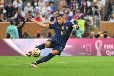 Kylian Mbappe volleys home France's second goal. Getty