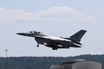 An F-16 fighter jet takes off at a US airbase in Spangdahlem, Germany, in June. Reuters