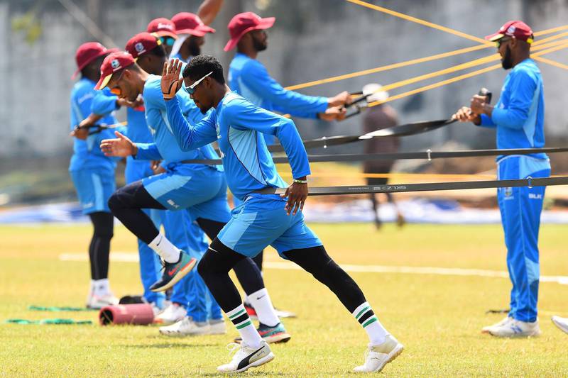 West Indies cricketers during practice at the Marians Cricket Club Ground in Katunayake on Wednesday, February 19, ahead of the first one-day international in Sri Lanka. AFP