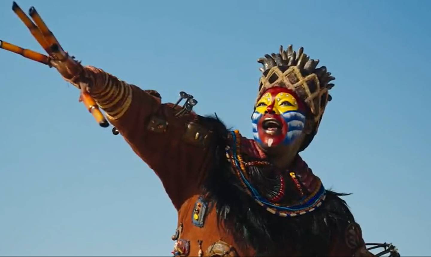 South African performer Futhi Mhlongo, who plays Rafiki, stands on top of the Etihad Arena for a one-off performance of the the show’s opening number. 