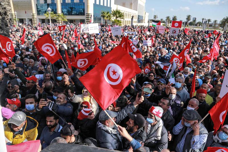 Protesters in Tunis on Sunday after President Kais Saied replaced the Supreme Judicial Council. AFP