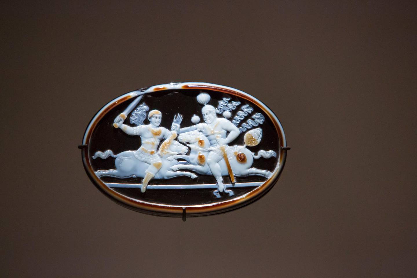 Abu Dhabi, United Arab Emirates- Cameo of Shapur and Valerian at Furusiyya The Art of Chivalry between East and West, which draws links between knightly traditions of Europe and the Middle East at Louvre Abu Dhabi.  Leslie Pableo for The National 