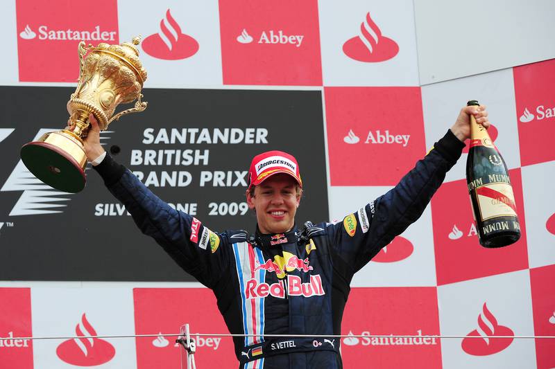 Red Bull's Sebastian Vettel celebrates after winning the 2009 British Grand Prix. PA