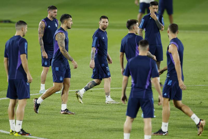 Argentina's Lionel Messi and teammates during training. Reuters