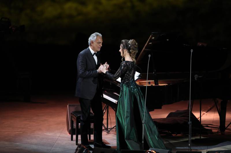 Andrea Bocelli performs in concert with Francesca Maionchi. Getty Images for The Royal Commission for AlUla