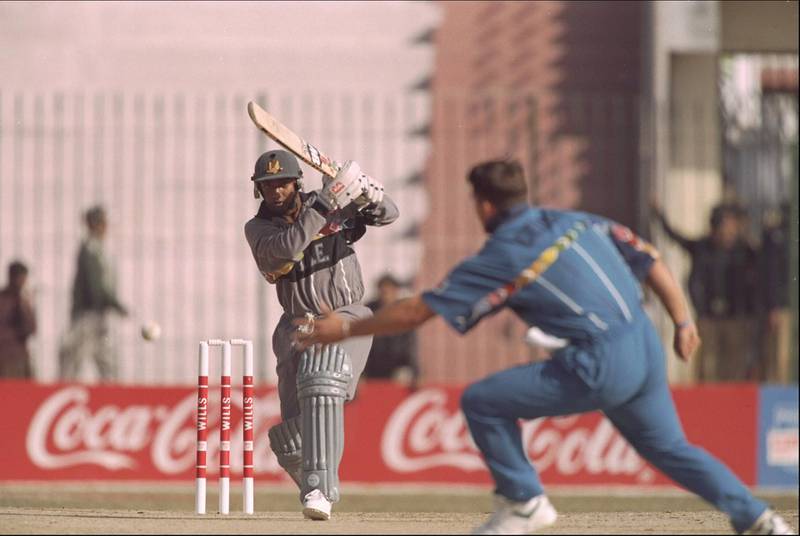 18 Feb 1996:  S.Hussein of the United Arab Emirates hits out against England during the cricket world cup match in Peshawar, Pakistan. Getty Images