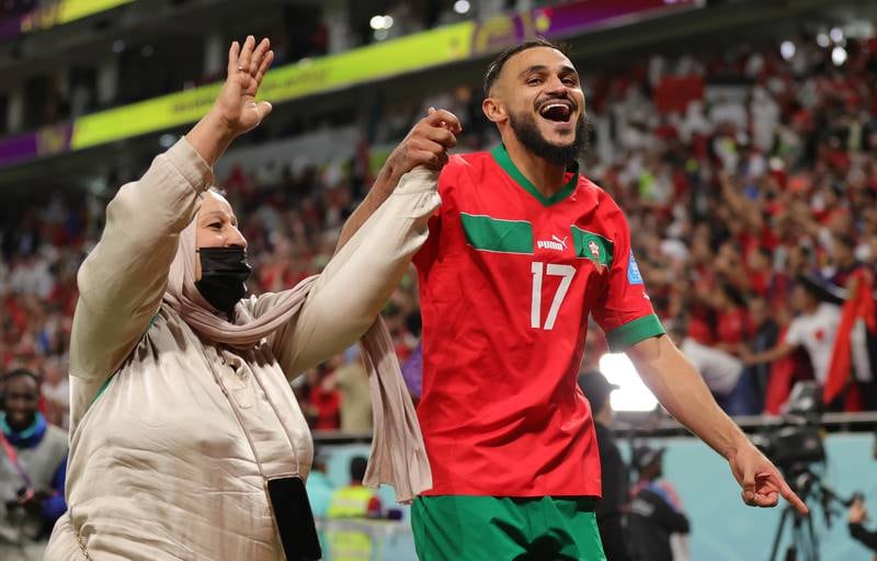 Sofiane Boufal of Morocco with his mother after the World Cup 2022 quarter-final win over Portugal. EPA