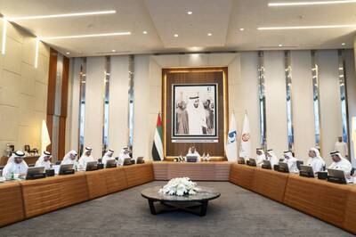 The board of directors of Adnoc meet. Also at the meeting were Sheikh Hazza bin Zayed, deputy chairman of Abu Dhabi Executive Council; Sheikh Mansour bin Zayed, Deputy Prime Minister and Minister of the Presidential Court; Sheikh Khaled bin Mohamed, Deputy National Security Adviser, member of the Abu Dhabi Executive Council and chairman of the Abu Dhabi Executive Office; Suhail Al Mazrouei, Minister of Energy and Infrastructure; Dr Al Jaber; Ahmed Al Sayegh, Minister of State; Ahmed Al Mazrouei, chairman of the Abu Dhabi Executive Council Office; Khaldoon Al Mubarak, chairman of Emirates Nuclear Energy Corporation and Mubadala chief executive; Awaidha  Al Marar, chairman of the Abu Dhabi Department of Energy; and Jassem Al Zaabi, chairman of Abu Dhabi Finance Department. Photo: Sheikh Mohamed bin Zayed twitter account