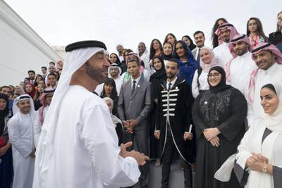 ABU DHABI, UNITED ARAB EMIRATES - September 17, 2019: HH Sheikh Mohamed bin Zayed Al Nahyan, Crown Prince of Abu Dhabi and Deputy Supreme Commander of the UAE Armed Forces (L), speaks to members of the Young Arab Media Leaders Programme, during a Sea Palace barza.

( Mohamed Al Hammadi / Ministry of Presidential Affairs )
---