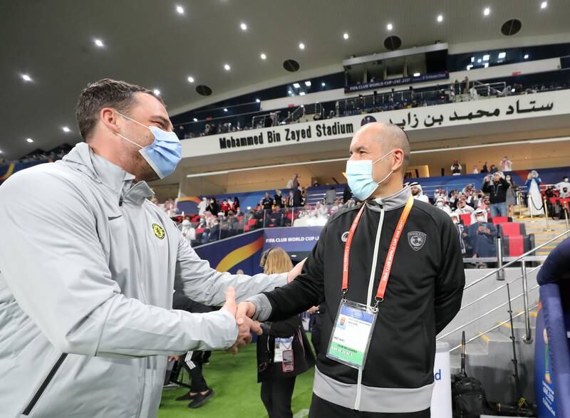 Al Hilal manager Leonardo Jardimm right, with Chelsea assistant coach Zsolt Low before the game. Chris Whiteoak / The National