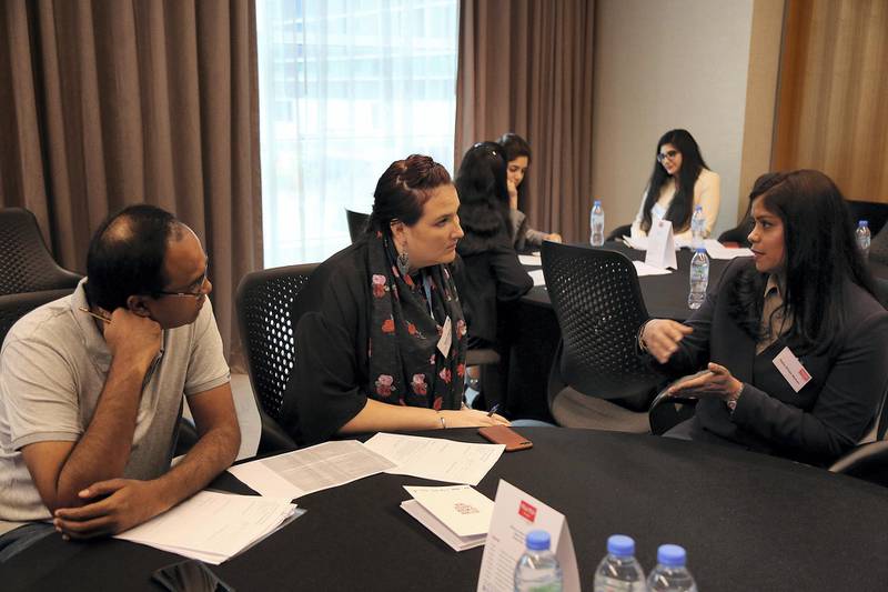 Dubai, March 01,2018: Jobseekers being interviewd during  The Return to Work Career Fair in Dubai. Satish Kumar for the National/ Story by Alice