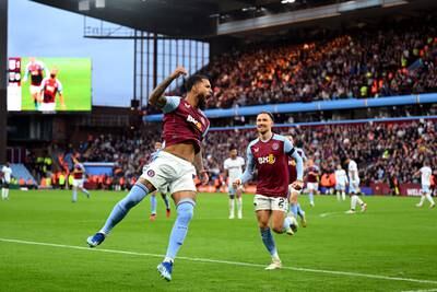 Douglas Luiz of Aston Villa celebrates after scoring his team's second goal in the 4-1 Premier League victory against West Ham United at Villa Park on Sunday, October 22, 2023. Getty