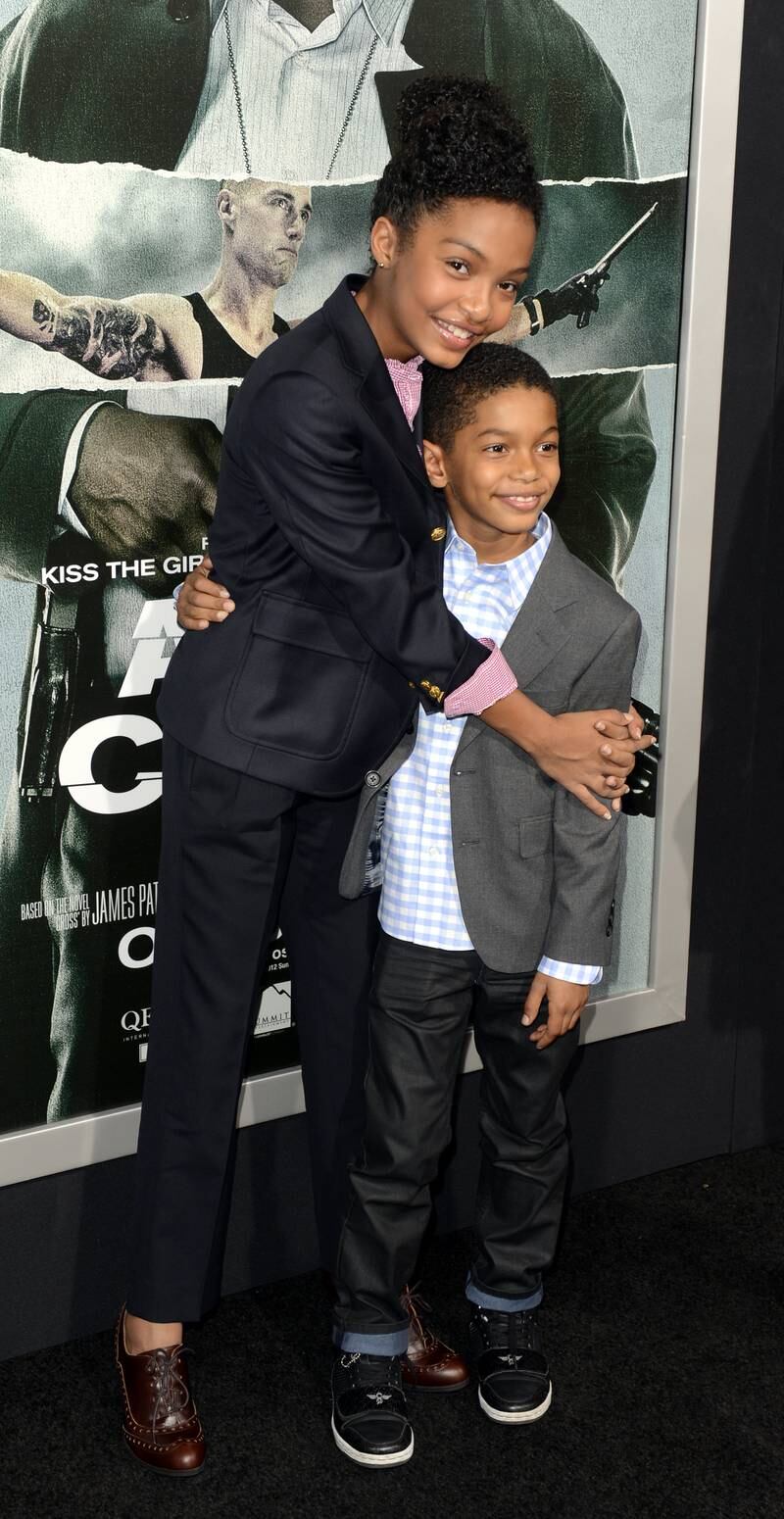 Yara Shahidi wears a trouser and blazer set to attend the 'Alex Cross' premiere with her brother Sayeed Shahidi on October 15, 2012. EPA