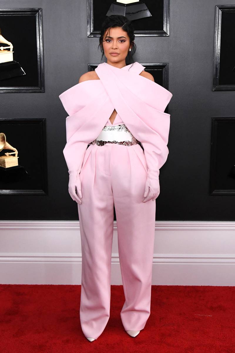 Kylie Jenner, in baby pink Balmain, attends the 61st Annual Grammy Awards at Staples Centre on February 10, 2019 in Los Angeles, California. Getty Images