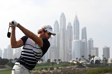 DUBAI, UNITED ARAB EMIRATES - JANUARY 31: Kalle Samooja of Finland hits his tee shot on the 8th hole during the final round of the Omega Dubai Desert Classic at Emirates Golf Club on January 31, 2021 in Dubai, United Arab Emirates. (Photo by Ross Kinnaird/Getty Images)
