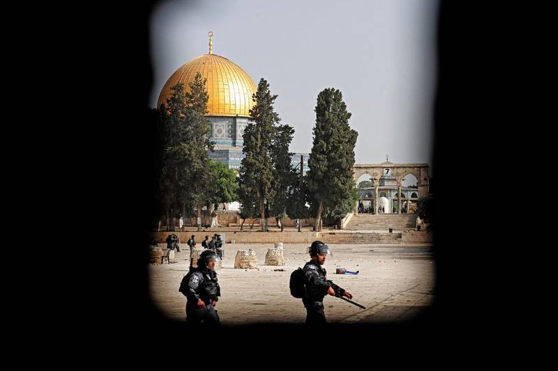 Israeli security forces in the Al Aqsa Mosque compound, in Jerusalem's Old City. A planned march by Israelis marking 'Jerusalem Day' has increased tensions with Palestinians. AFP