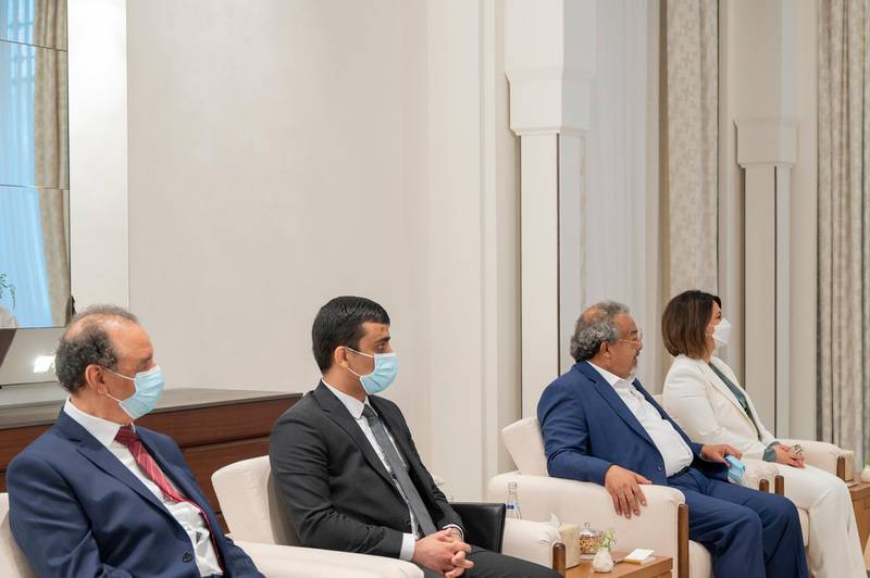 ABU DHABI, UNITED ARAB EMIRATES - June 05, 2021: Members of the Libyan delegation attend a meeting with HE Dr Mohamed Younis Al Manfi, President of the Presidential Council of Libya (not shown), at Al Shati Palace.

( Mohamed Al Hammadi / Ministry of Presidential Affairs )
---