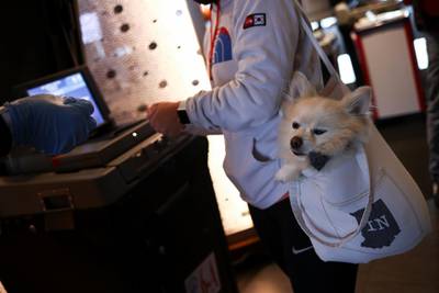 A person carrying a dog prepares to vote at an early voting station at the Nationals Park in Washington. Reuters