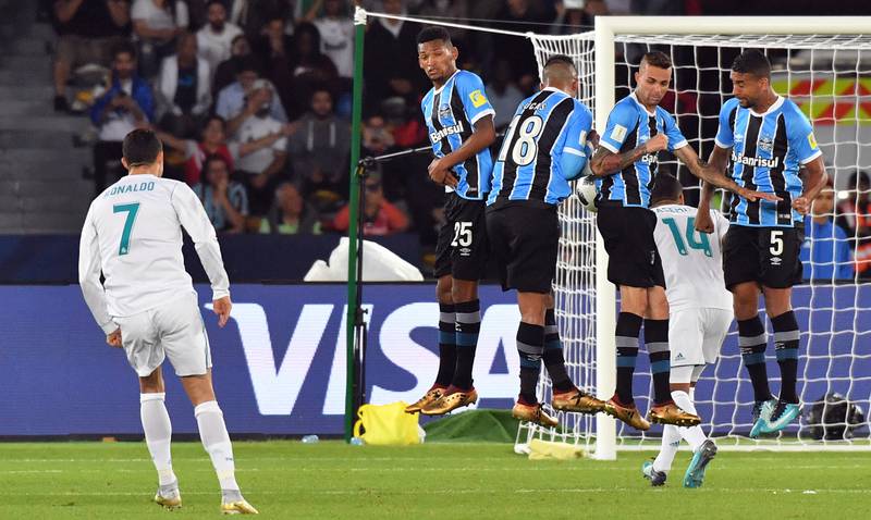 December 2017: Real Madrid forward Cristiano Ronaldo curls the ball over the Gremio wall to score from a free-kick during their 1-0 win at Zayed Sports City Stadium. AFP