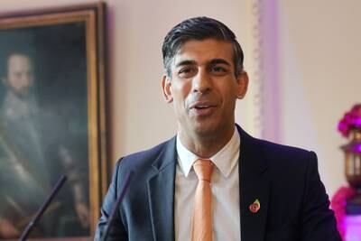 Prime Minister Rishi Sunak addresses guests at a Diwali reception with business leaders in London on Thursday. Getty Images