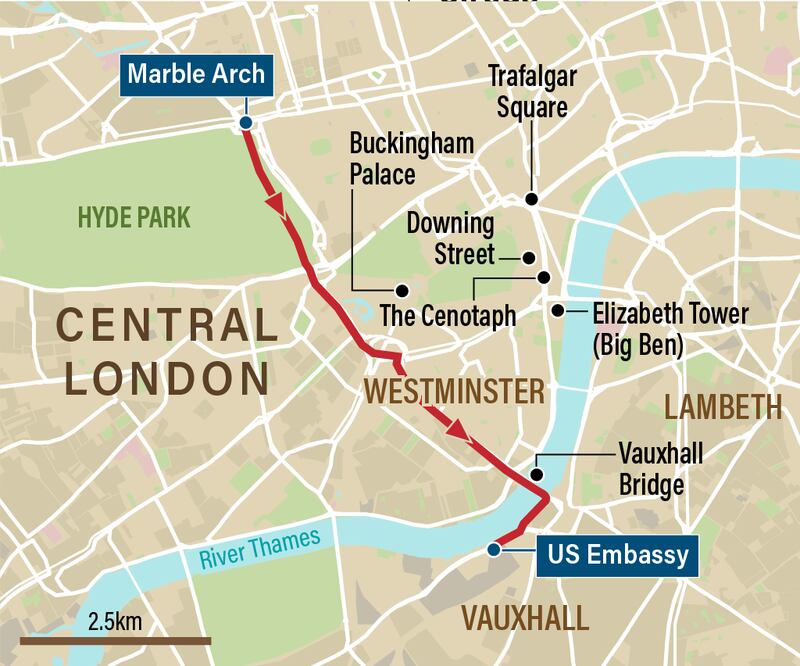 The route for Saturday's National March for Palestine which starts at Marble Arch in London.