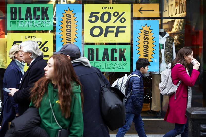 A shop front displays its Black Friday sales in Oxford Circus in London, England.  Shoppers Look For Bargains On Black Friday. Getty Images