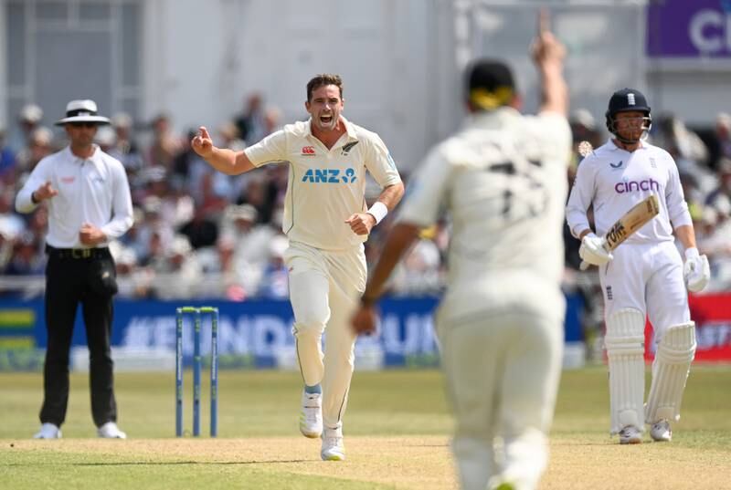 Tim Southee of New Zealand celebrates after dismissing England's Alex Lees. Getty
