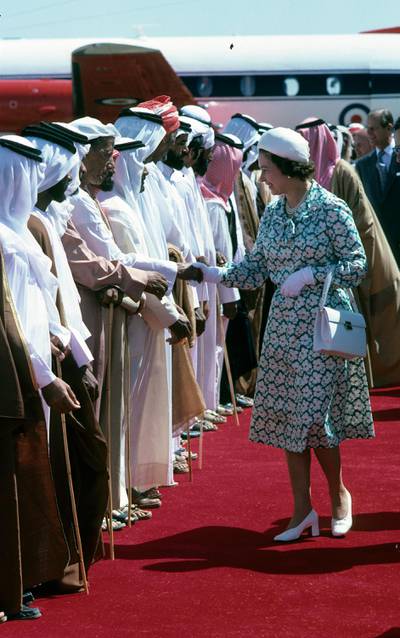 ABU DHABI, UNITED ARAB EMIRATES - FEBRUARY 25:  Queen Elizabeth ll arrives in Abu Dhabi during a State Visit to the Gulf States on February 25, 1979 in the United Arab Emirates. (Photo by Anwar Hussein/Getty Images)