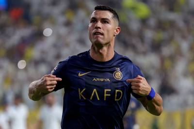 Cristiano Ronaldo celebrates his second goal during the Saudi Pro League match between Al Nassr and Al Shabab. AFP