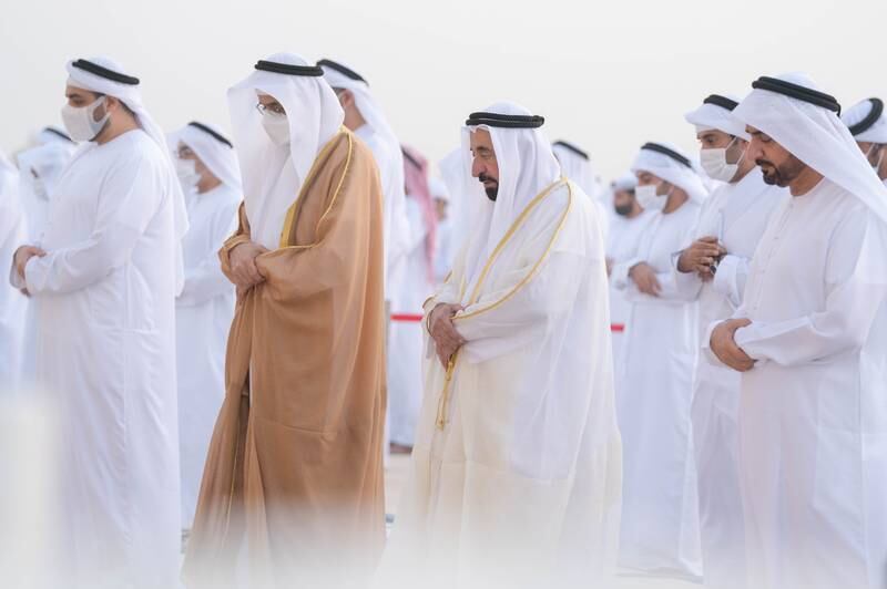 Sheikh Dr Sultan bin Muhammad Al Qasimi, Ruler of Sharjah, performs Eid Al Fitr prayers at Al Badee Musallah. Wam