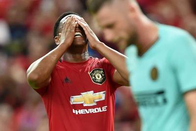 Anthony Martial reacts after missing a scoring opportunity. AFP