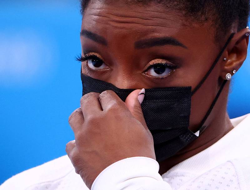 Simone Biles of the United States wearing a protective face mask.