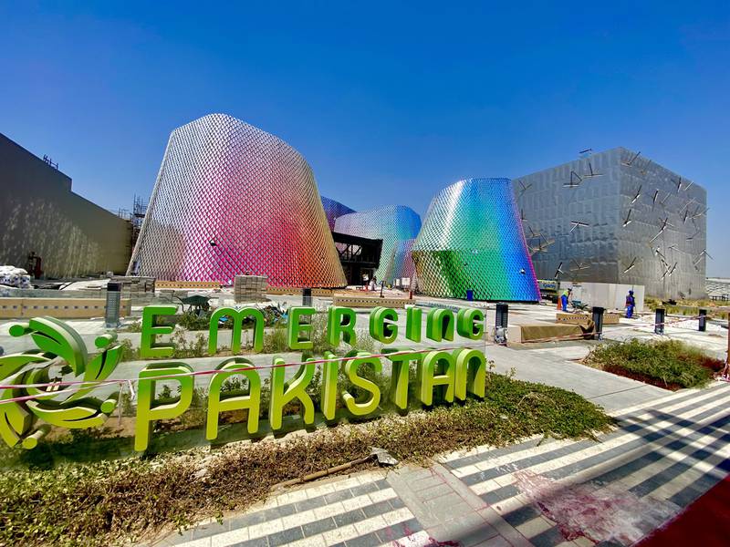 Thousands of individual glass units of different sizes and colour make up the facade of the Pakistan pavilion at the Expo 2020 Dubai site, offering visitors an optical illusion as they walk by the unique structure. Photo: Fakhr-e-Alam Twitter