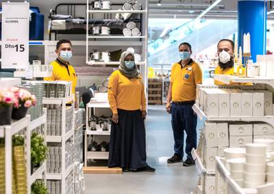 Abu Dhabi, United Arab Emirates, November 8, 2020.   A first look at the IKEA store at Al Wahda Mall before the opening on Tuesday, November 10.  IKEA store staff practice social distancing at the floor area.Victor Besa/The NationalSection:  LFReporter:  Farah Andrews