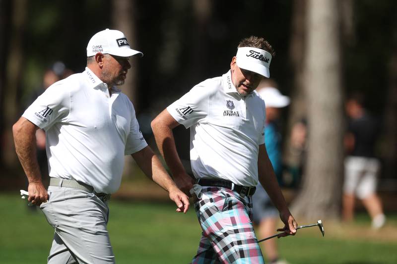 Ian Poulter, right, and Lee Westwood during the second round of the inaugural LIV Golf Invitational at Centurion Club. Reuters