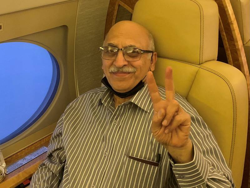 Anoosheh Ashoori sits on a plane en route to London after taking off from Teheran, Iran, on March 16. Photo: Twitter/@salqaq via Reuters