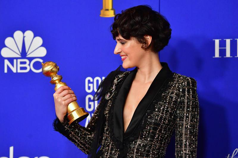 TOPSHOT - British actress Phoebe Waller-Bridge poses in the press room with the award for Best Performance by an Actress in a Television Series - Musical or Comedy during the 77th annual Golden Globe Awards on January 5, 2020, at The Beverly Hilton hotel in Beverly Hills, California. / AFP / FREDERIC J. BROWN
