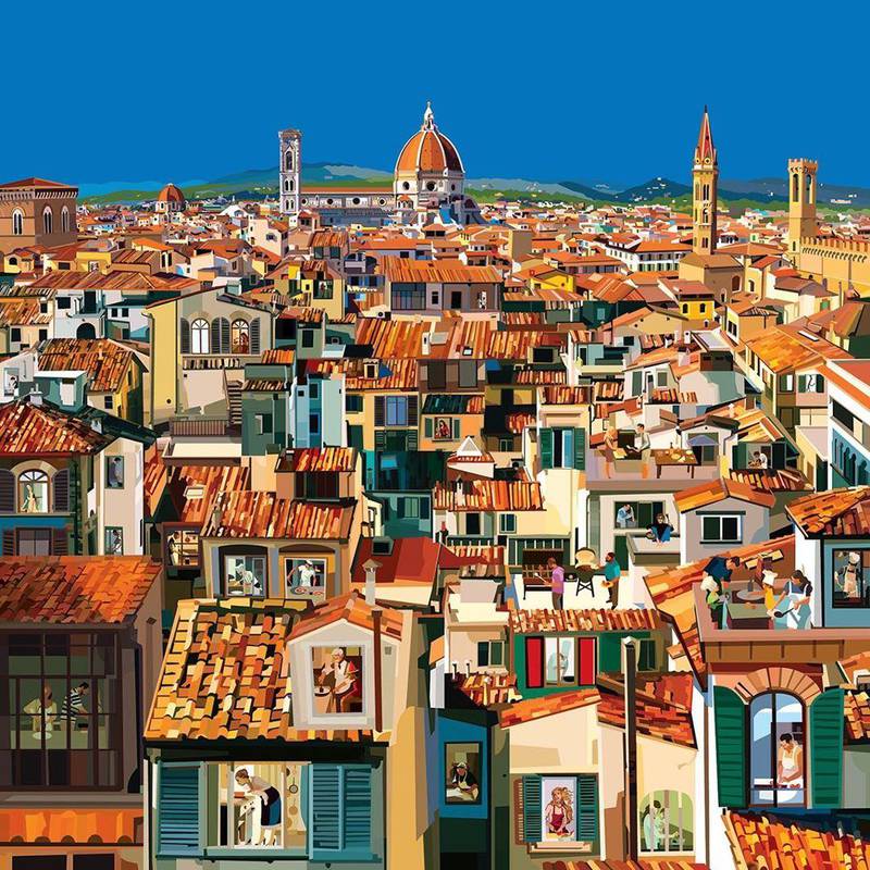 Florence's cityscape, with people busy cooking in their homes. Created by painter Pierpaolo Rovero. Via @pierpaolorovero / Instagram