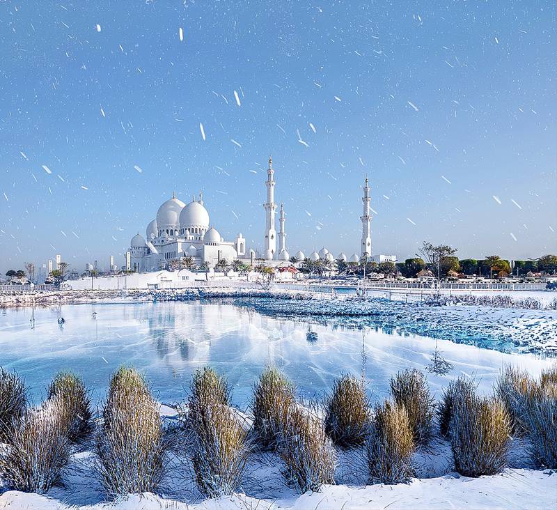 Sheikh Zayed Grand Mosque blanketed in snow as part of digital artist Jyo John Mulloor's ongoing series. All photos: Jyo John Mulloor