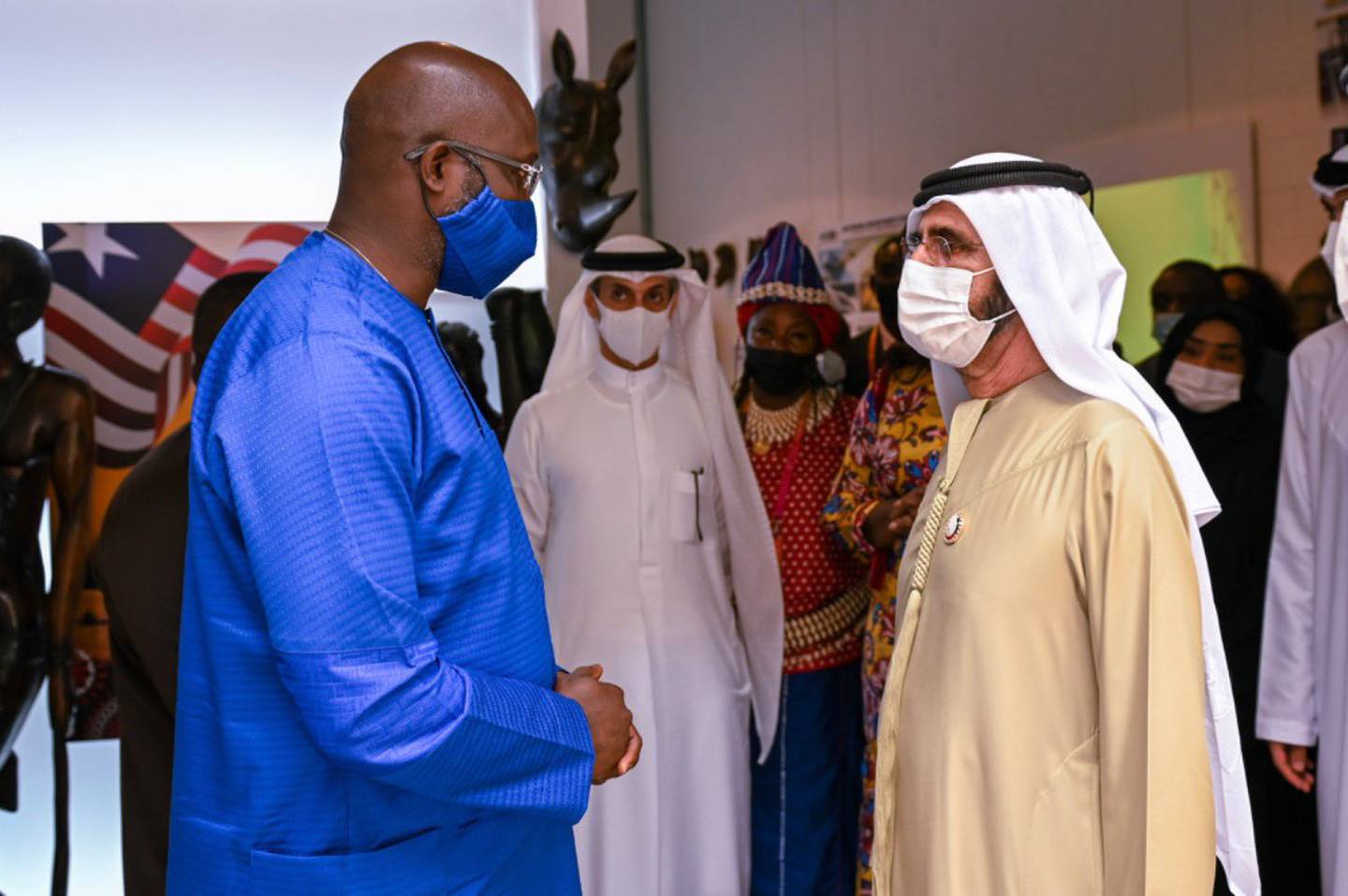 Sheikh Mohamed bin Rashid touring the Liberia pavilion. Photo: Dubai Media Office
