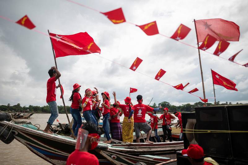 NLD supporters party take part in a boat rally in the Yangon river. Reuters