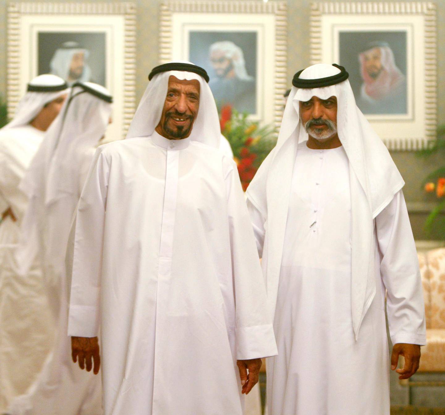 Abu Dhabi- Sheikh Nahyan bin Mubarak Al Nahyan (right) and his father, Sheikh  Mubarak al Nahyan  leave after the Iftar at his palace in Abu Dhabi Sept 3, 2008.  ( The National / Andre Forget ) *** Local Caption ***  AF001-iftar.jpgAF001-iftar.jpg