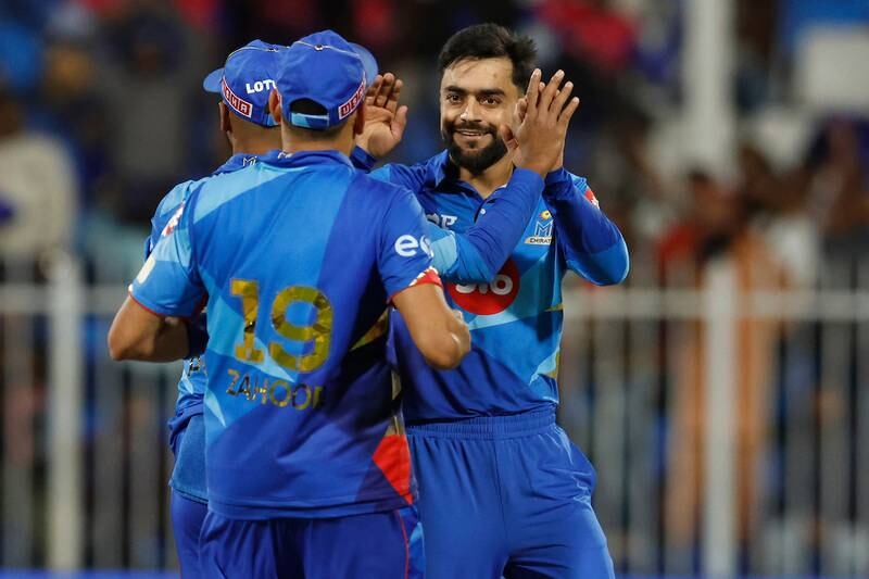Rashid Khan of MI Emirates celebrates the wicket of George Munsey of Dubai Capitals during the DP World International League T20 eliminator at the Sharjah Cricket Stadium on February 9, 2023. All pictures CREIMAS