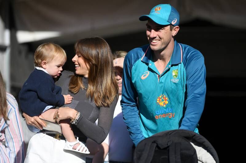 Australia captain Pat Cummins with wife Becky Boston and their son Albie at the Melbourne Cricket Ground on Sunday. Getty